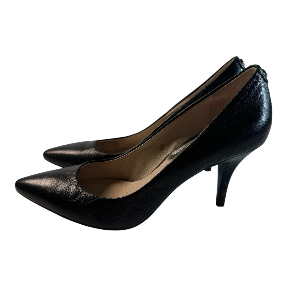 Michael Kors Black Leather Pointed Toe Pumps Silver Logo Heels AO13G Size 9M